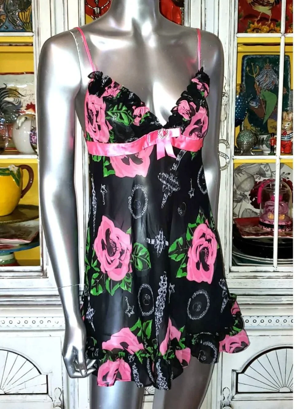 Vintage Betsey Johnson Slip Dress Y2K Black Floral Rose Jewelry Print Babydoll S - Picture 13 of 15
